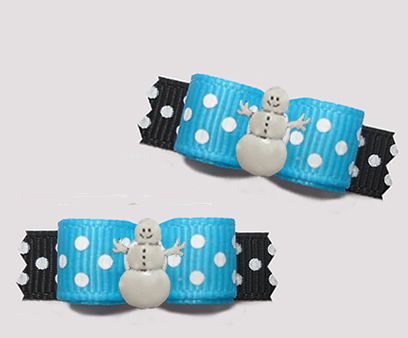 #T9307 - 3/8" Dog Bow - Happy Snowman, Sprinkle Dots, Blue/Black