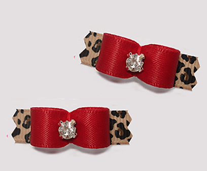 #T9340 - 3/8" Dog Bow - Red Satin on Leopard Print, Rhinestone
