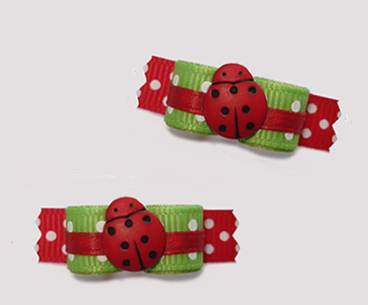 #T9349 - 3/8" Dog Bow - Cute Little Ladybug Dots, Red with Green