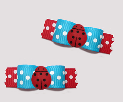 #T9352 - 3/8" Dog Bow - Adorable Little Ladybug Dots, Blue/Red