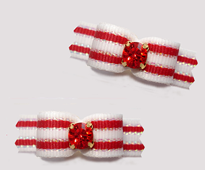 #T9353 - 3/8" Dog Bow - Red/White Stripes, Ruby Red Rhinestone