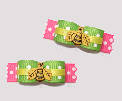#T9355 - 3/8" Dog Bow - Cute Little Buzzy Bee, Green/Pink