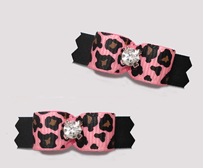 #T9357- 3/8" Dog Bow- Pink Leopard Print on Classic Black, Bling