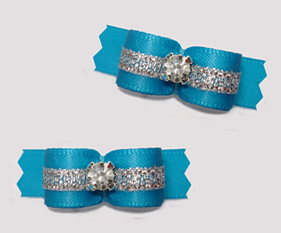 #T9370 - 3/8" Dog Bow - Azure Blue/Sparkly Silver, Rhinestone