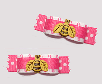 #T9383 - 3/8" Dog Bow - Cute White/Hot Pink, Little Busy Bee