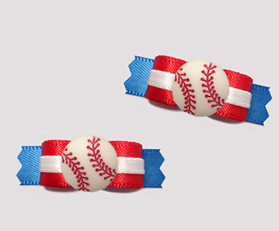 #T9386 - 3/8" Dog Bow - Sporty Baseball, Red/Blue w/White Accent