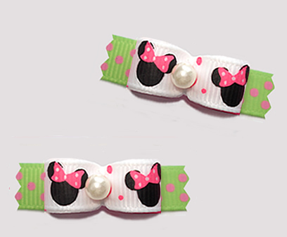 #T9415 - 3/8" Dog Bow - Cute Baby Minnie Mouse, Pink/White/Green