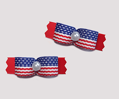 #T9422 - 3/8" Dog Bow - Stars & Stripes on Red, Faux Pearl