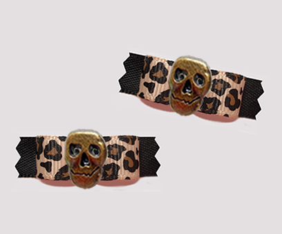 #T9429- 3/8" Dog Bow - Classic Leopard Print/Black, Bronze Skull