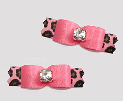 #T9466- 3/8" Dog Bow - Pink Satin/Pink Leopard Print, Rhinestone