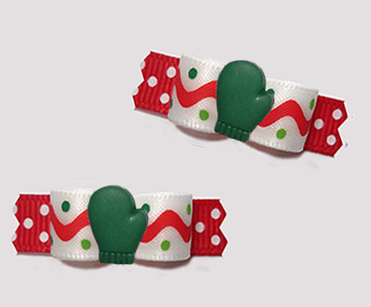 #T9491 - 3/8" Dog Bow - Winter Squiggles 'n Dots, Green Mitten