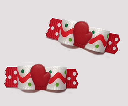 #T9493 - 3/8" Dog Bow - Winter Squiggles 'n Dots, Red Mitten