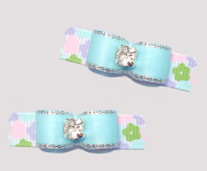#T9495 - 3/8" Dog Bow - Sweet Soft Blue/Silver on Pastel Floral