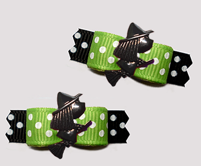 #T9500 - 3/8" Dog Bow - Delightful Halloween Witch, Green/Black