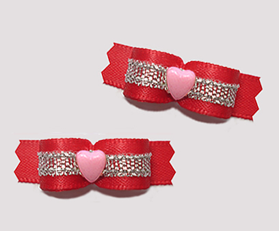 #T9503 - 3/8" Dog Bow - Classic Red/Sparkly Silver, Pink Heart