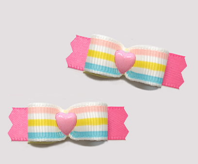 #T9505 - 3/8" Dog Bow - Spring Pastel Stripes on Pink, Heart