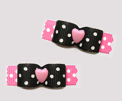 #T9511- 3/8" Dog Bow - Cute Black/White Dots on Pink, Pink Heart