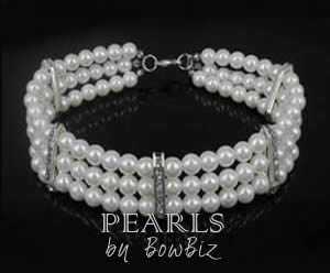 #114PRLW - Pearl Dog Necklace w/Rhinestones White / Medium